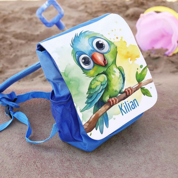 Kindergartenrucksack Papagei in Blau mit Name personalisiert