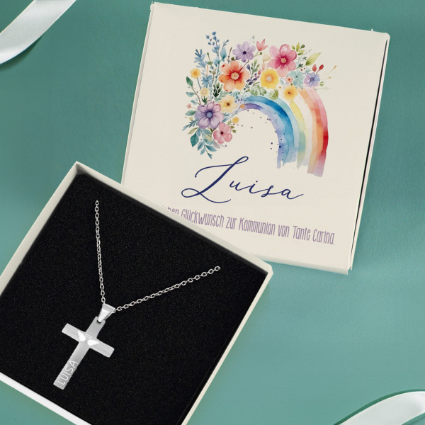 Halskette mit Kreuz Anhänger und Name graviert in Geschenkbox mit Blumen