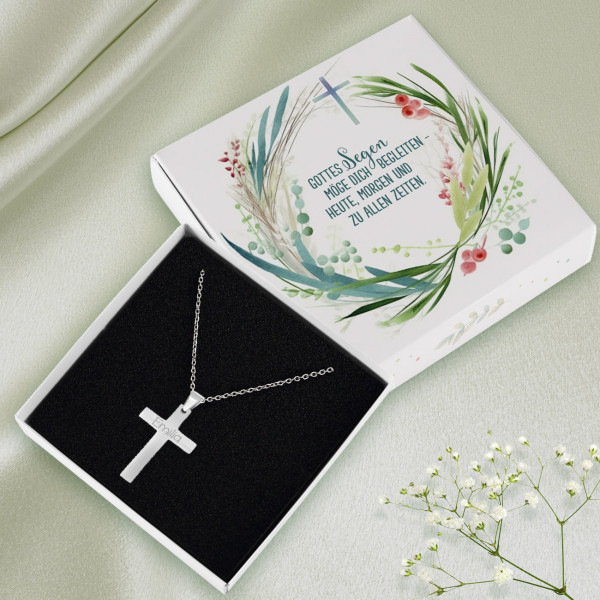 Halskette mit Kreuz Anhänger und Name graviert Silber in Geschenkbox