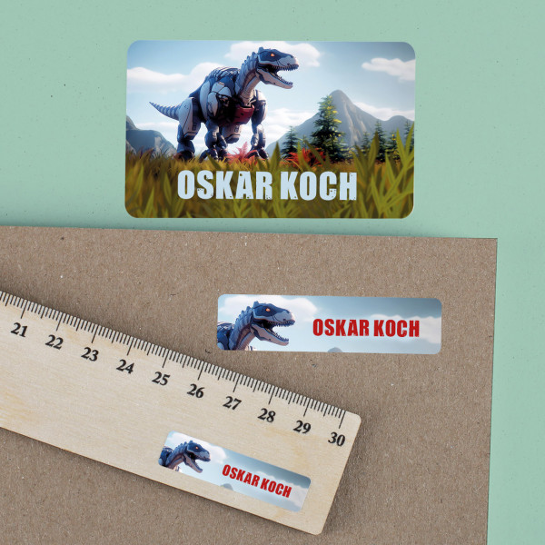 Dinosaurier - Sticker mit Roboter T-Rex und Name (100 Stück)