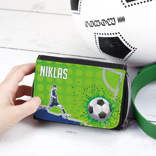personalisierte Geldbörse für Kinder bedruckt mit Fußballmotiv und Wunschnamen