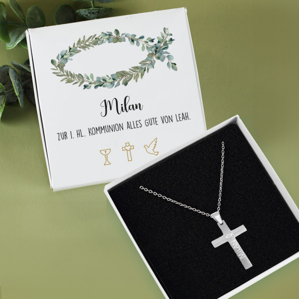 Halskette mit graviertem Kreuz in Geschenkbox zu Kommunion, Konfirmation, Taufe